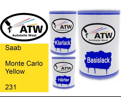 Saab, Monte Carlo Yellow, 231: 500ml Lackdose + 500ml Klarlack + 250ml Härter - Set, von ATW Autoteile West.